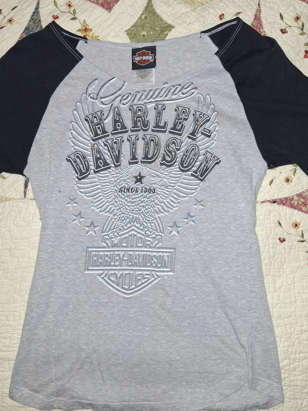 Harley-Davidson Light Gray and Black Raglan Eagle Graphic Tee